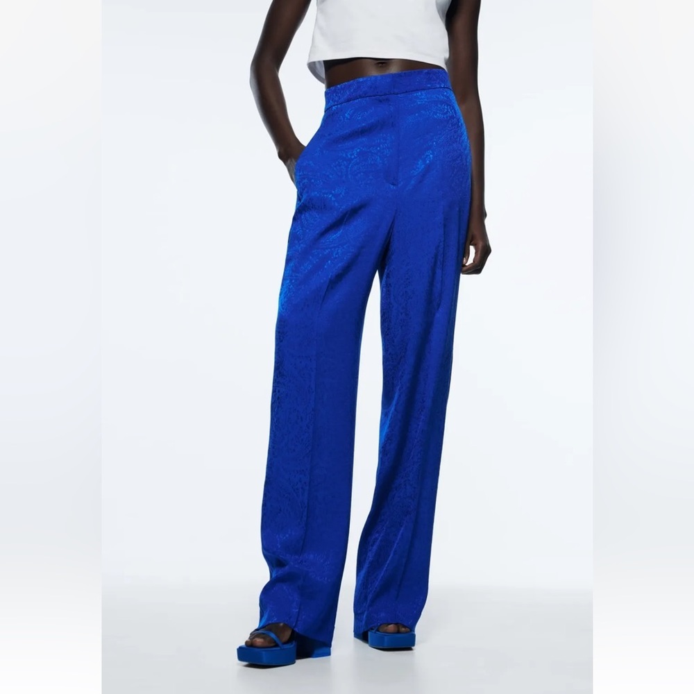 Zara Blue Satin Wide Leg High Waisted Pants